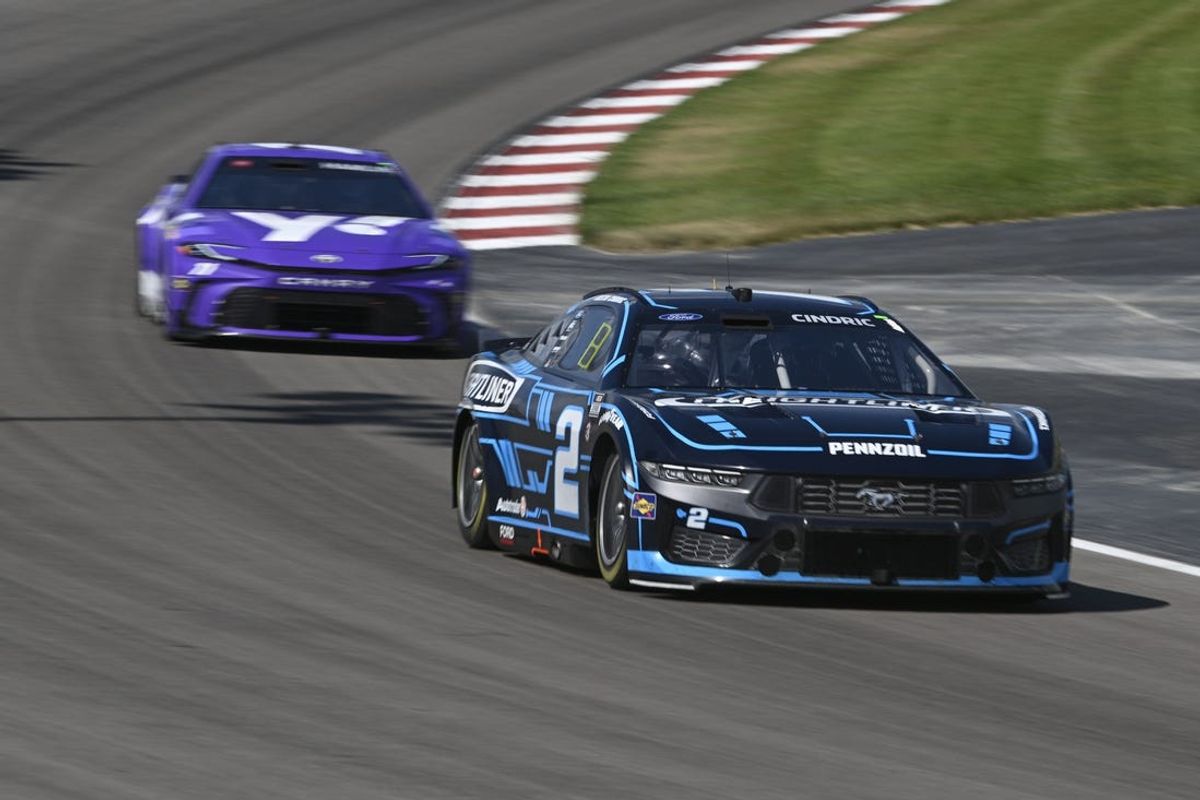 Jun 2, 2024; Madison, Illinois, USA; NASCAR Cup Series driver Austin Cindric (2) exits turn four during the NASCAR Enjoy Illinois 300 presented by TicketSmarter at World Wide Technology Raceway. Mandatory Credit: Joe Puetz-USA TODAY Sports