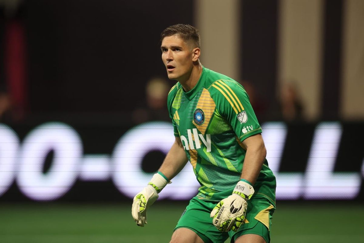 Jun 2, 2024; Atlanta, Georgia, USA; Charlotte FC goalkeeper Kristijan Kahlina (1) looks on during the first half Atlanta United at Mercedes-Benz Stadium. Mandatory Credit: Brett Davis-USA TODAY Sports