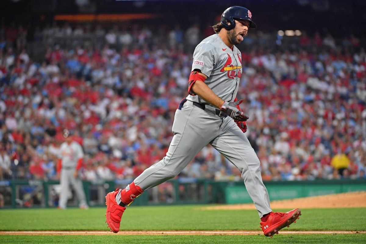 Jun 2, 2024; Philadelphia, Pennsylvania, USA; St. Louis Cardinals outfielder Alec Burleson (41) celebrates after hitting a two run home run against the Philadelphia Phillies during the third inning at Citizens Bank Park. Mandatory Credit: Eric Hartline-USA TODAY Sports