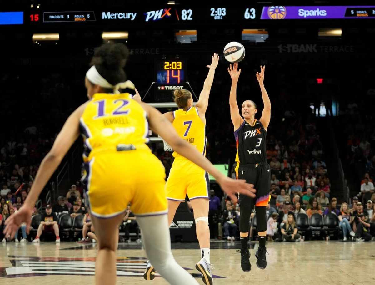 Phoenix Mercury guard Diana Taurasi (3) shoots over Los Angeles Sparks forward Stephanie Talbot (7) during the fourth quarter on Sunday, June 2, 2024, at Footprint Center in Phoenix.
