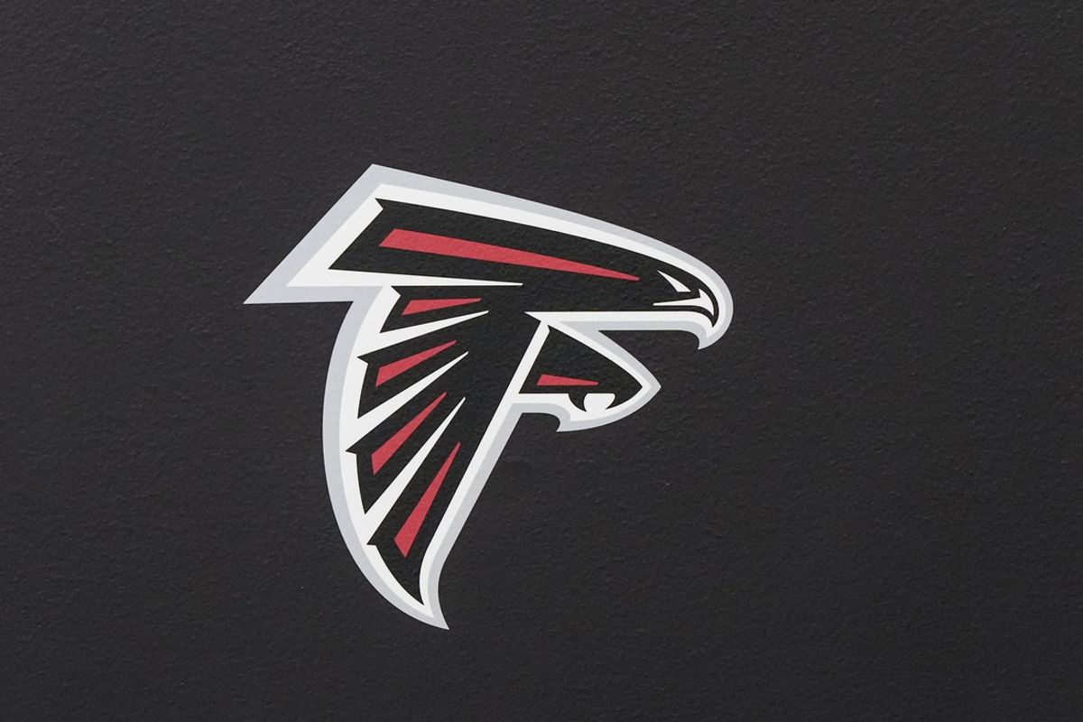 Jun 3, 2024; Atlanta, GA, USA; An Atlanta Falcons logo in the media room before the start of Falcons OTA at the Falcons Training facility. Mandatory Credit: Dale Zanine-Imagn Images