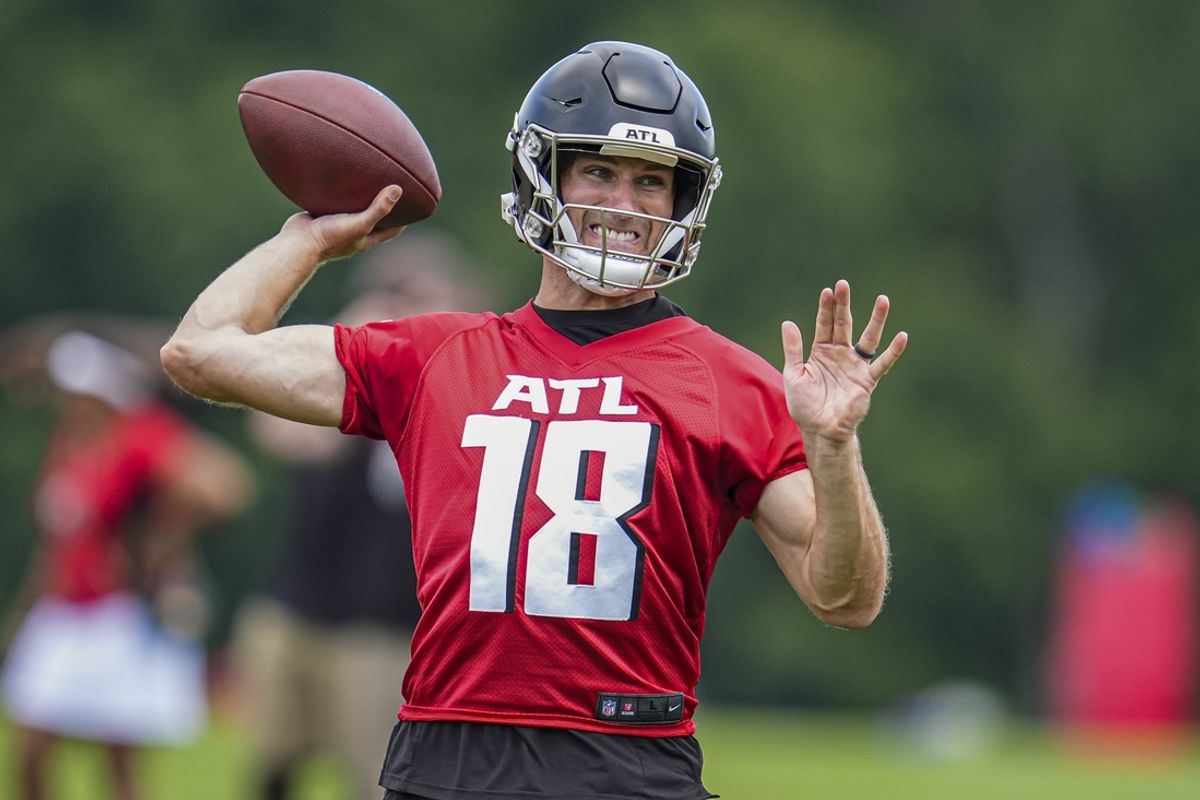 Jun 3, 2024; Atlanta, GA, USA; Atlanta Falcons quarterback Kirk Cousins (18) shown in action on the field during Falcons OTA at the Falcons Training facility. Mandatory Credit: Dale Zanine-USA TODAY Sports