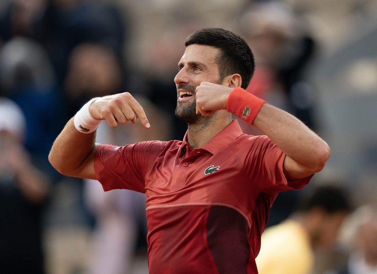Jun 3, 2024; Paris, France; Novak Djokovic of Serbia celebrates winning his match against Francisco Cerundolo of Argentina on day nine of Roland Garros at Stade Roland Garros. Mandatory Credit: Susan Mullane-Imagn Images