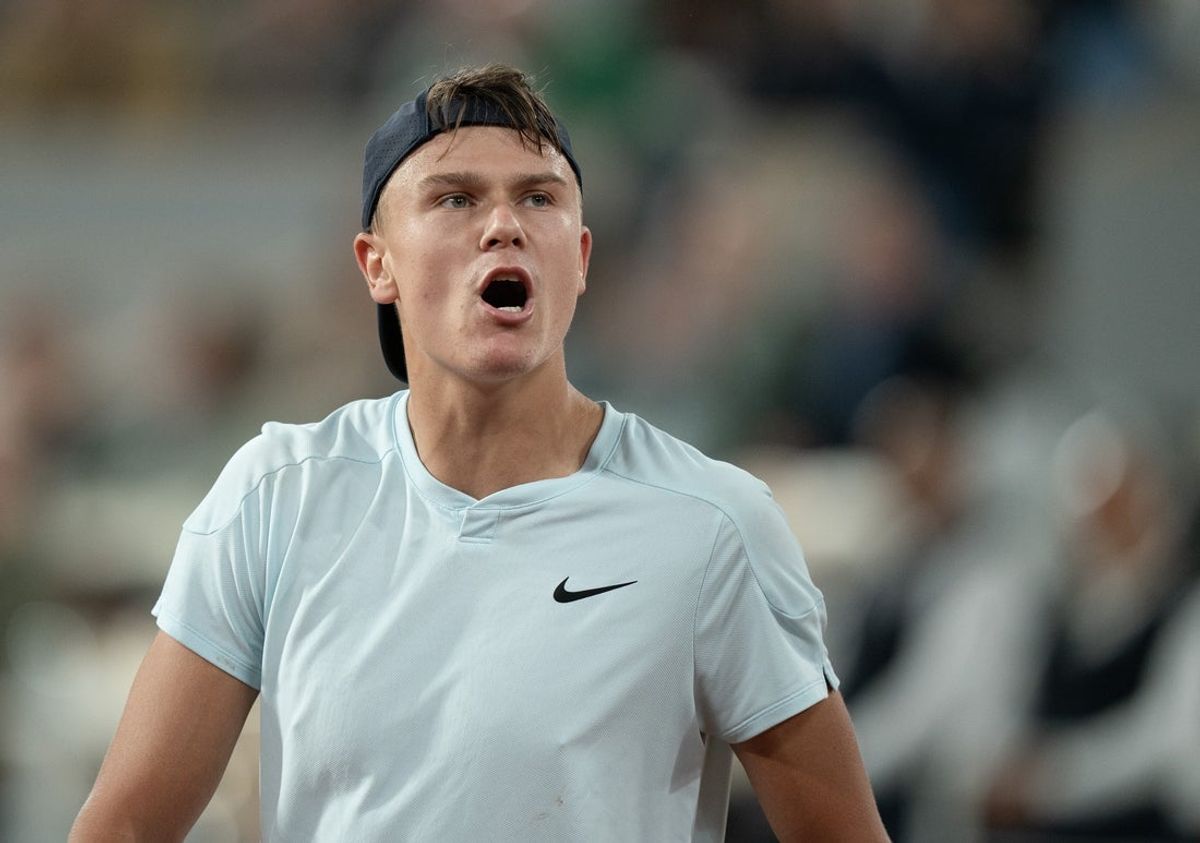 Jun 3, 2024; Paris, France; Holger Rune of Denmark reacts to a point during his match against Alexander Zverev of Germany on day nine of Roland Garros at Stade Roland Garros. Mandatory Credit: Susan Mullane-Imagn Images