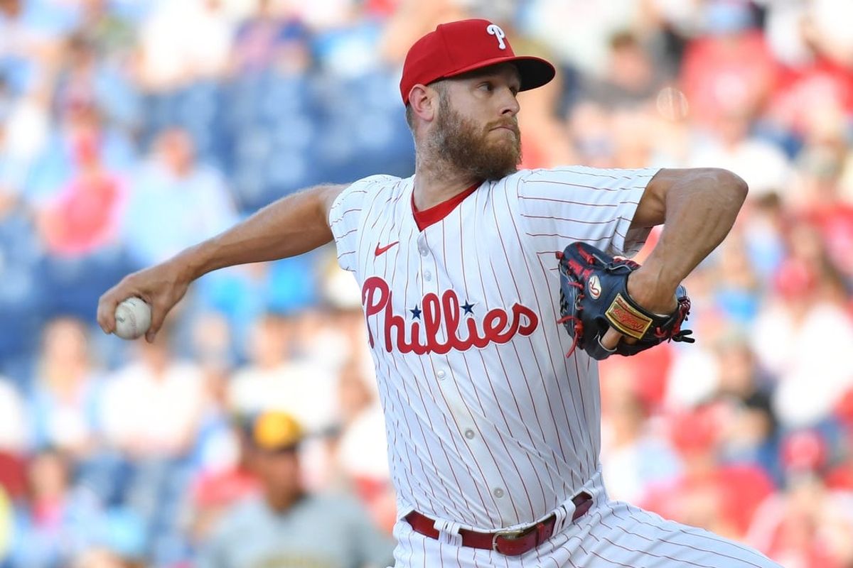 Jun 3, 2024; Philadelphia, Pennsylvania, USA; Philadelphia Phillies pitcher Zack Wheeler (45) throws a pitch during the first inning against the Milwaukee Brewers at Citizens Bank Park. Mandatory Credit: Eric Hartline-USA TODAY Sports