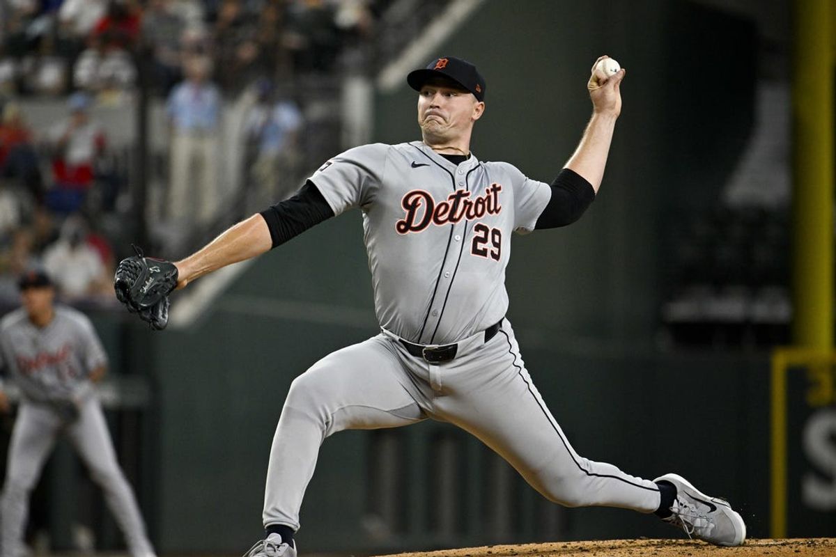 Jun 3, 2024; Arlington, Texas, USA; Detroit Tigers starting pitcher Tarik Skubal (29) pitches against the Texas Rangers during the first inning at Globe Life Field. Mandatory Credit: Jerome Miron-USA TODAY Sports