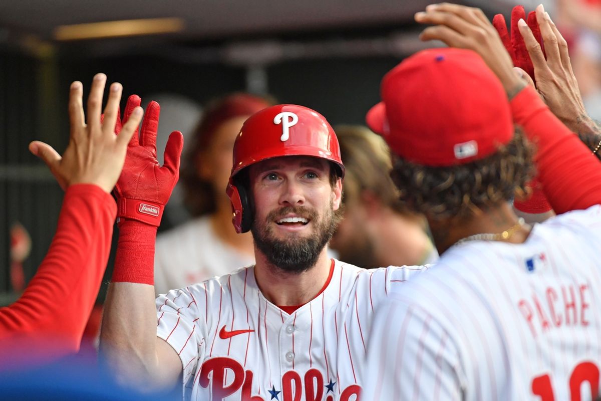 Jun 3, 2024; Philadelphia, Pennsylvania, USA; Philadelphia Phillies outfielder David Dahl (35) celebrates his home run against the Milwaukee Brewers during the fourth inning at Citizens Bank Park. Mandatory Credit: Eric Hartline-USA TODAY Sports