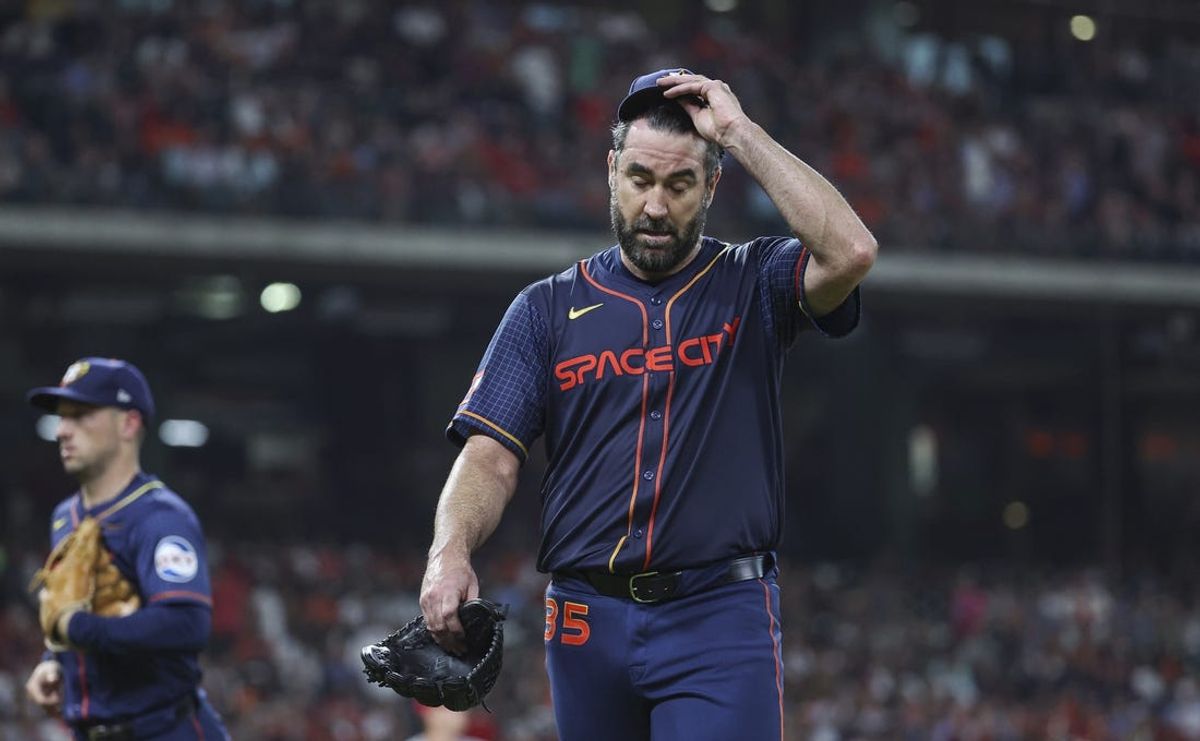 Jun 3, 2024; Houston, Texas, USA; Houston Astros starting pitcher Justin Verlander (35) walks off the mound after pitching during the third inning against the St. Louis Cardinals at Minute Maid Park. Mandatory Credit: Troy Taormina-USA TODAY Sports