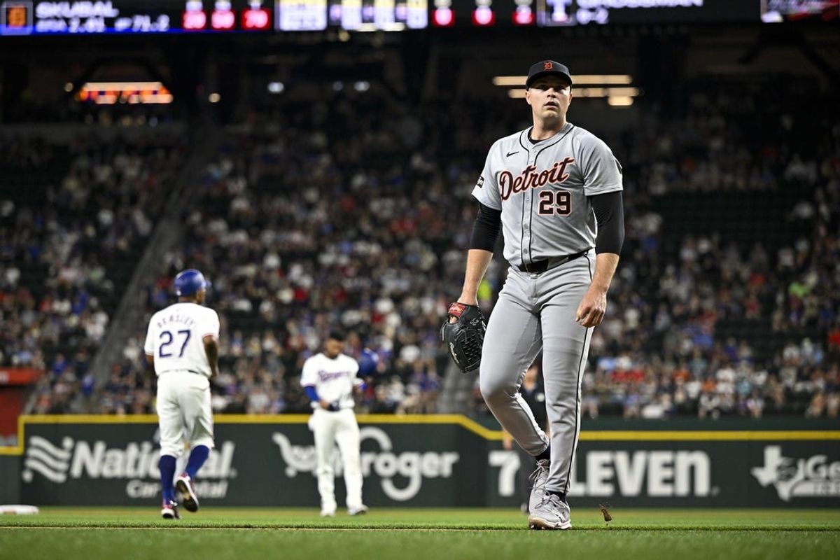 Jun 3, 2024; Arlington, Texas, USA; Detroit Tigers starting pitcher Tarik Skubal (29) comes off the field after retiring the Texas Rangers side with runners in scoring position during the fifth inning at Globe Life Field. Mandatory Credit: Jerome Miron-USA TODAY Sports
