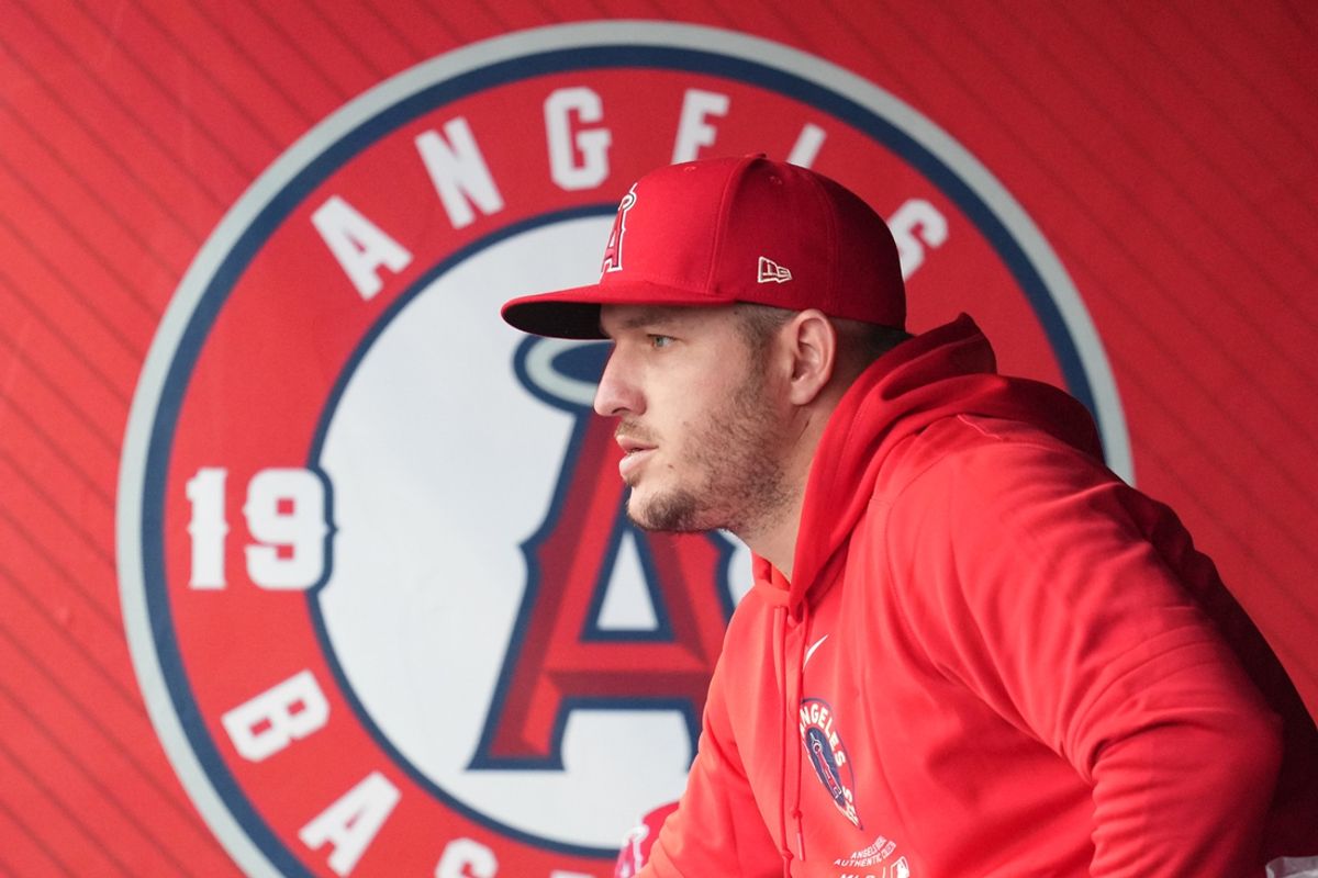 Jun 3, 2024; Anaheim, California, USA; Los Angeles Angels center fielder Mike Trout watches from the dugout during the game against the San Diego Padres at Angel Stadium. Mandatory Credit: Kirby Lee-USA TODAY Sports