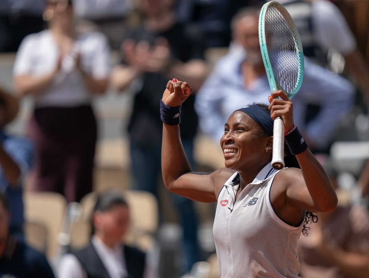 Jun 4, 2024; Paris, France; Coco Gauff of the United States celebrates winning her match against Ons Jabeur of Tunisia on day 10 of Roland Garros at Stade Roland Garros. Mandatory Credit: Susan Mullane-USA TODAY Sports