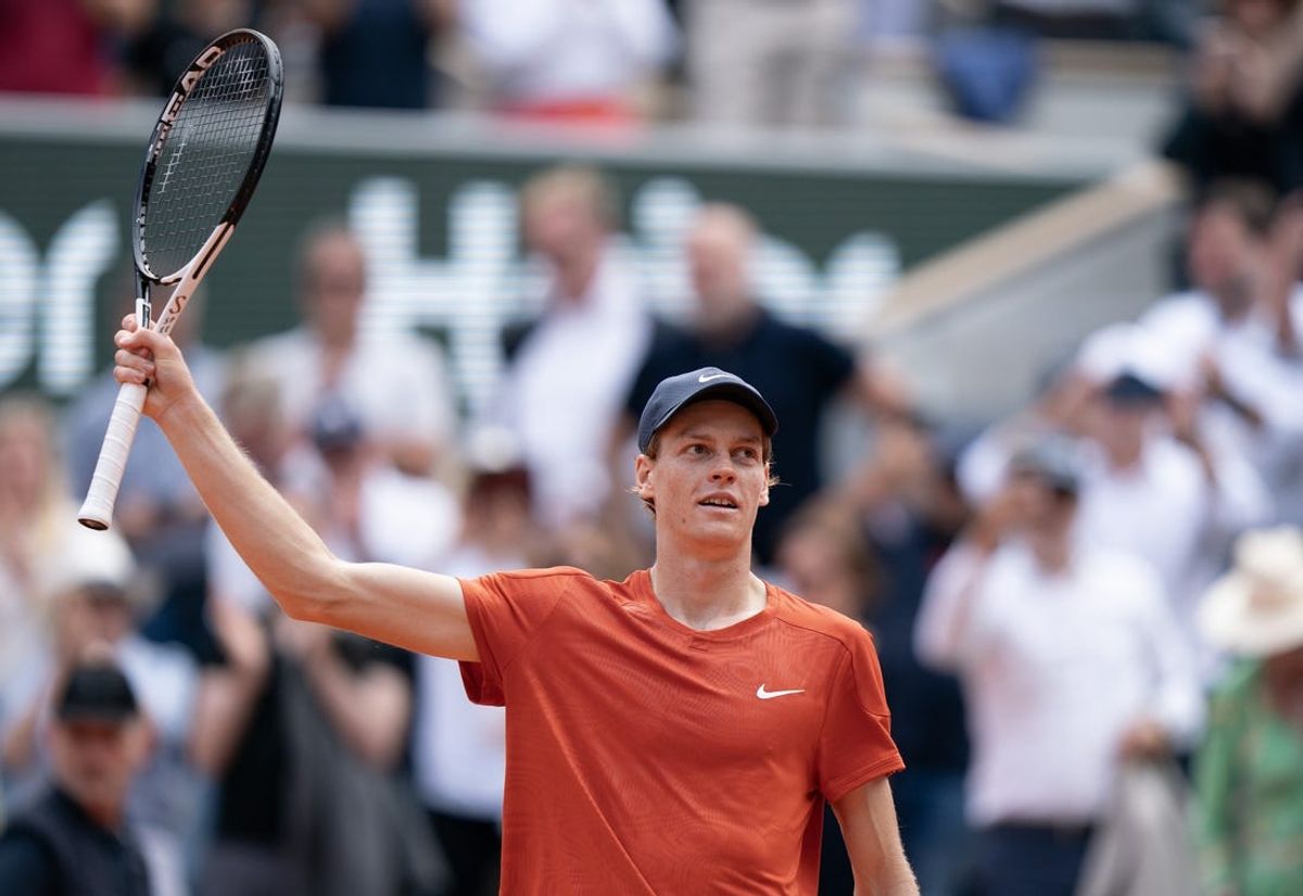 Jun 4, 2024; Paris, France; Jannik Sinner of Italy celebrates winning his match against Grigor Diitrov of Bulgaria on day 10 of Roland Garros at Stade Roland Garros. Mandatory Credit: Susan Mullane-USA TODAY Sports