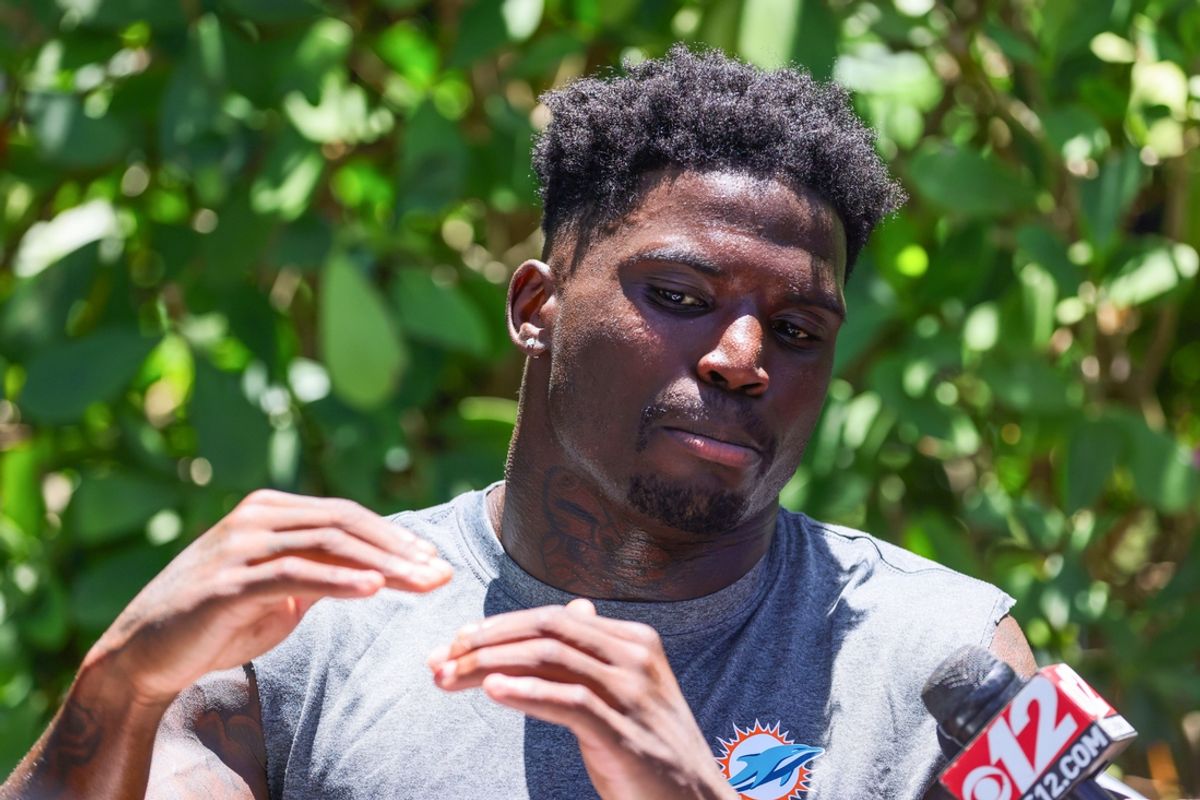 Jun 4, 2024; Miami Gardens, FL, USA; Miami Dolphins wide receiver Tyreek Hill (10) speaks to reporters during mandatory minicamp at Baptist Health Training Complex. Mandatory Credit: Sam Navarro-USA TODAY Sports