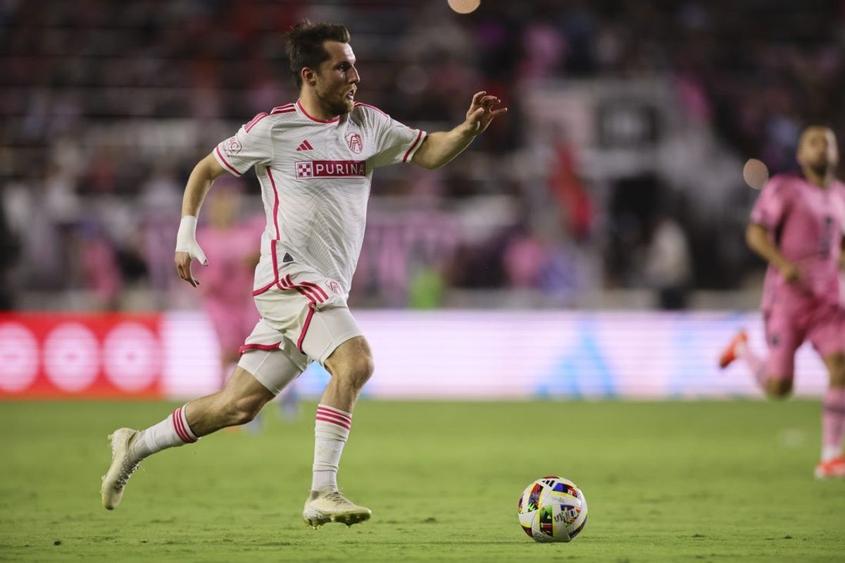 Jun 1, 2024; Fort Lauderdale, Florida, USA; St. Louis CITY SC midfielder Indiana Vassilev (19) at Chase Stadium. Mandatory Credit: Sam Navarro-USA TODAY Sports