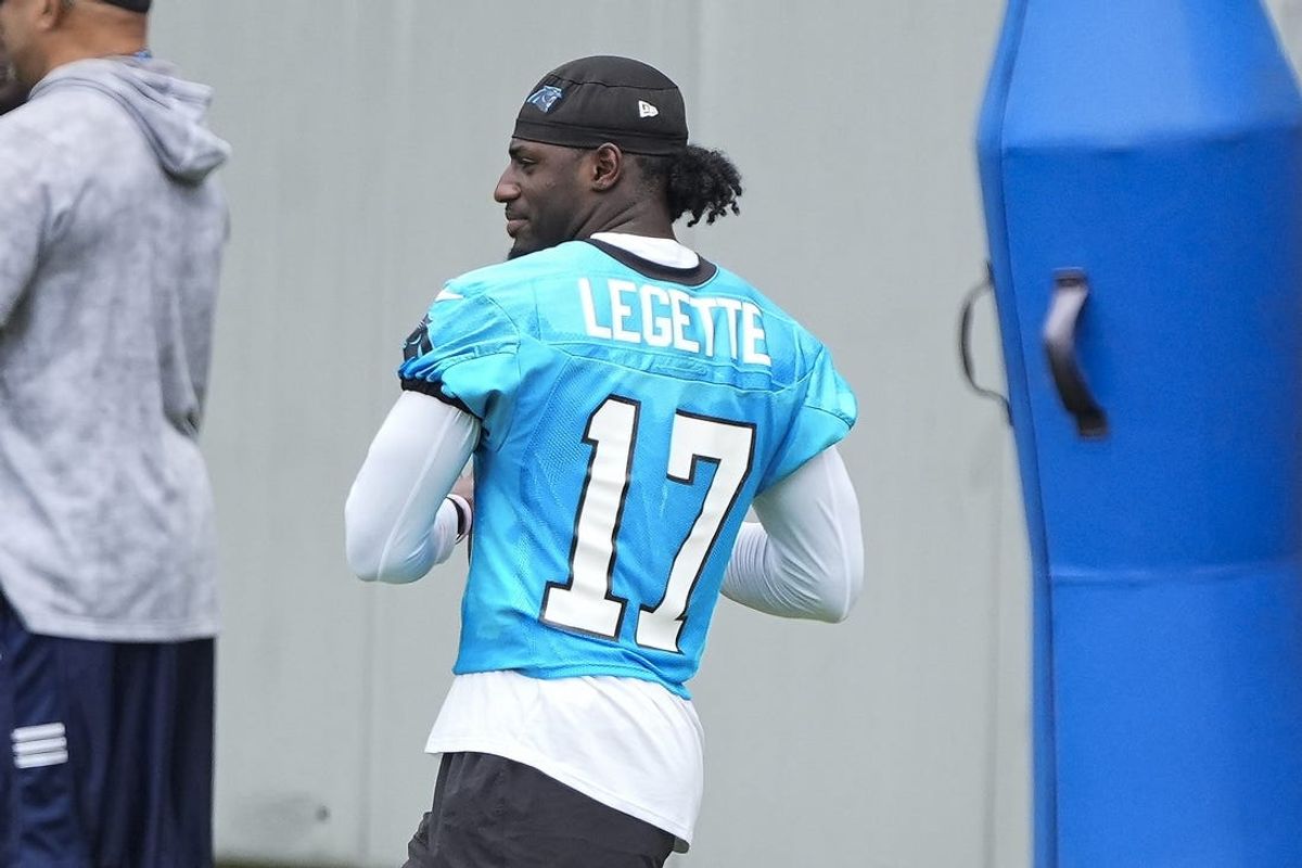 Jun 4, 2024; Charlotte, NC, USA; Carolina Panthers wide receiver Xavier Legette (17) throws  during OTAs. Mandatory Credit: Jim Dedmon-USA TODAY Sports