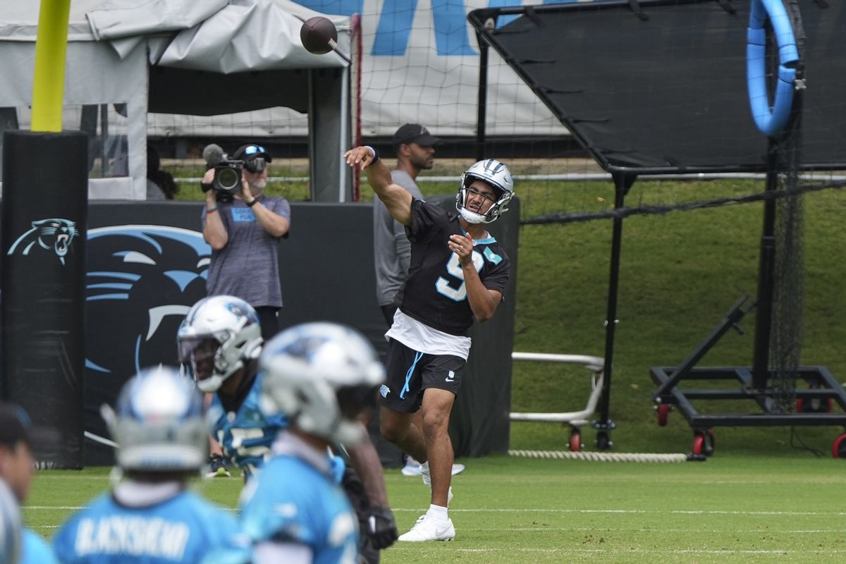 Jun 4, 2024; Charlotte, NC, USA; Carolina Panthers quarterback Bryce Young (9) throws during OTAs. Mandatory Credit: Jim Dedmon-USA TODAY Sports
