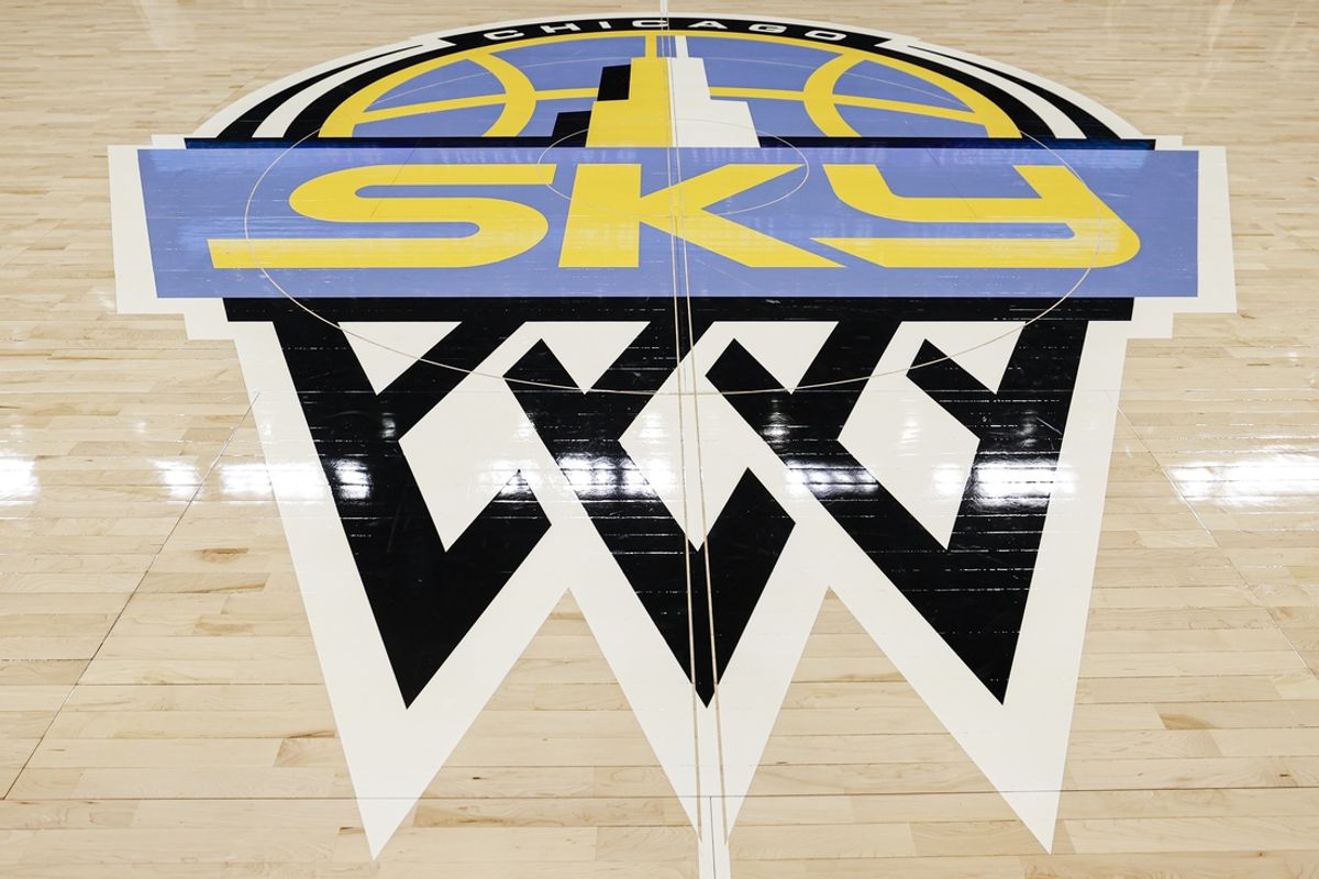 Jun 4, 2024; Chicago, Illinois, USA; Chicago Sky logo is seen center court before a WNBA game between the Chicago Sky and New York Liberty at Wintrust Arena. Mandatory Credit: Kamil Krzaczynski-USA TODAY Sports