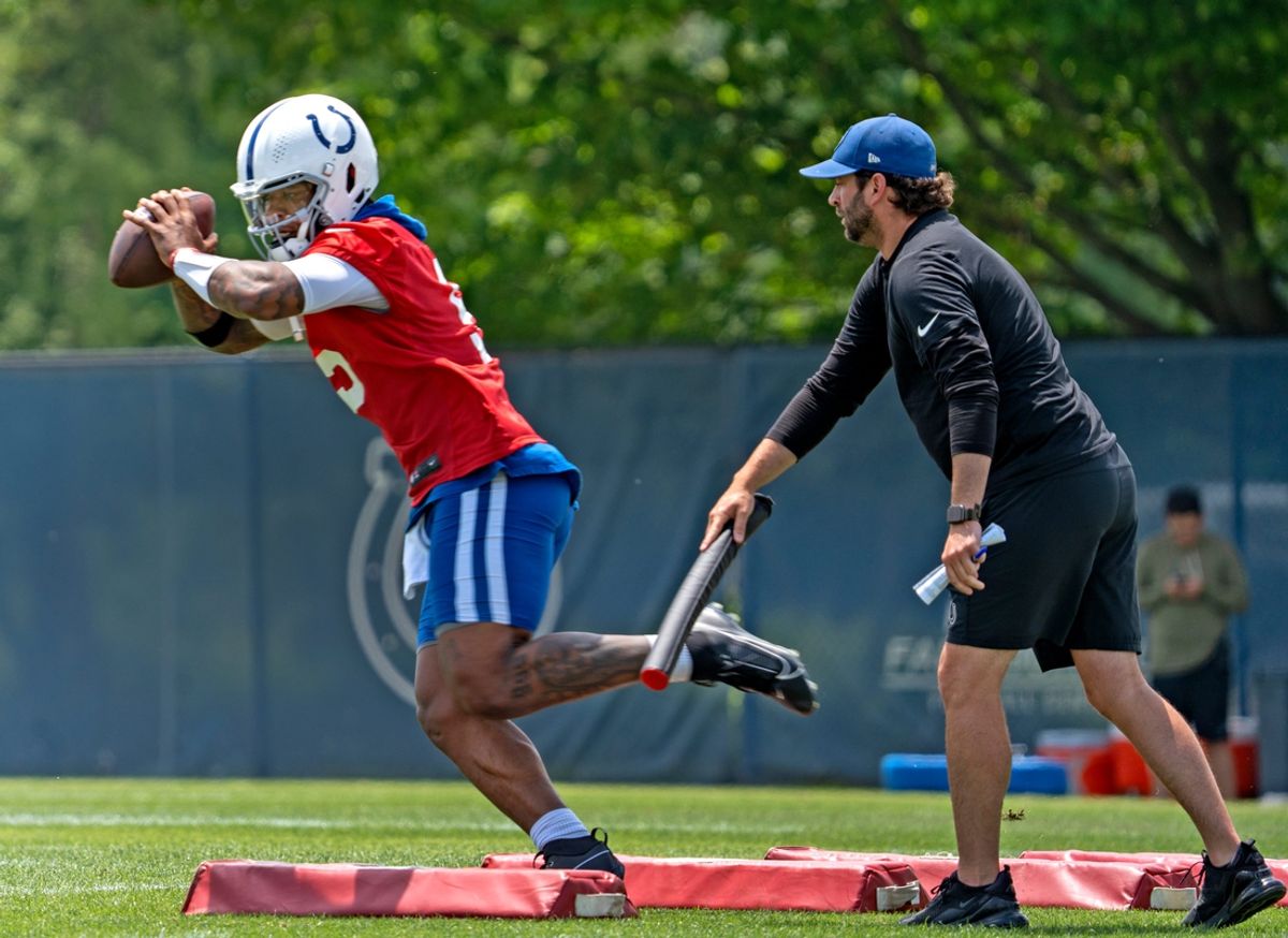 Colts Quarterback Anthony Richardson runs the gauntlet during Indianapolis Colts minicamp practice Tuesday, June 4, 2024 at the Indiana Farm Bureau Football Center.