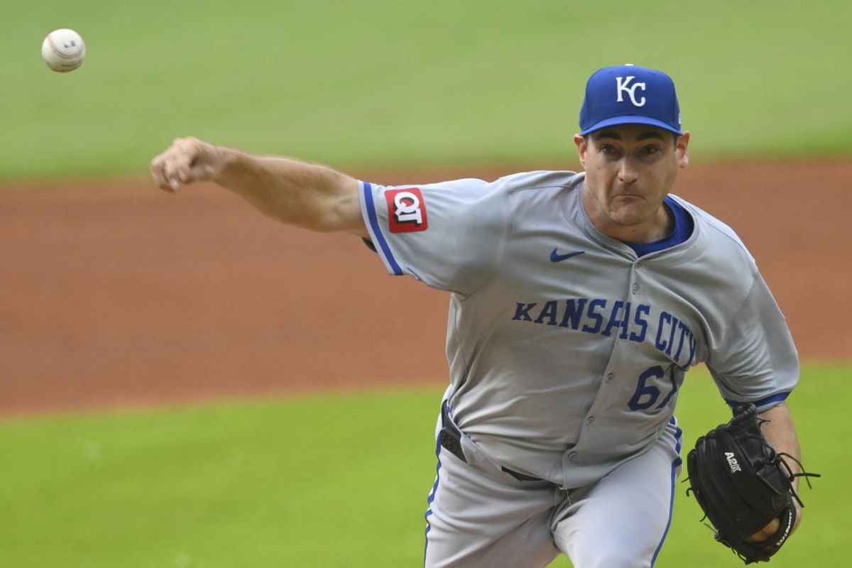Jun 4, 2024; Cleveland, Ohio, USA; Kansas City Royals starting pitcher Seth Lugo (67) delivers a pitch in the first inning against the Cleveland Guardians at Progressive Field. Mandatory Credit: David Richard-USA TODAY Sports