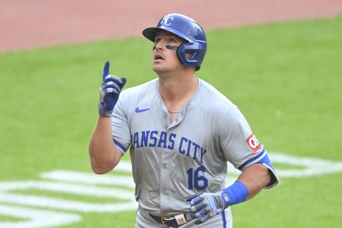 Jun 4, 2024; Cleveland, Ohio, USA; Kansas City Royals right fielder Hunter Renfroe (16) celebrates his solo home run in the third inning against the Cleveland Guardians at Progressive Field. Mandatory Credit: David Richard-USA TODAY Sports