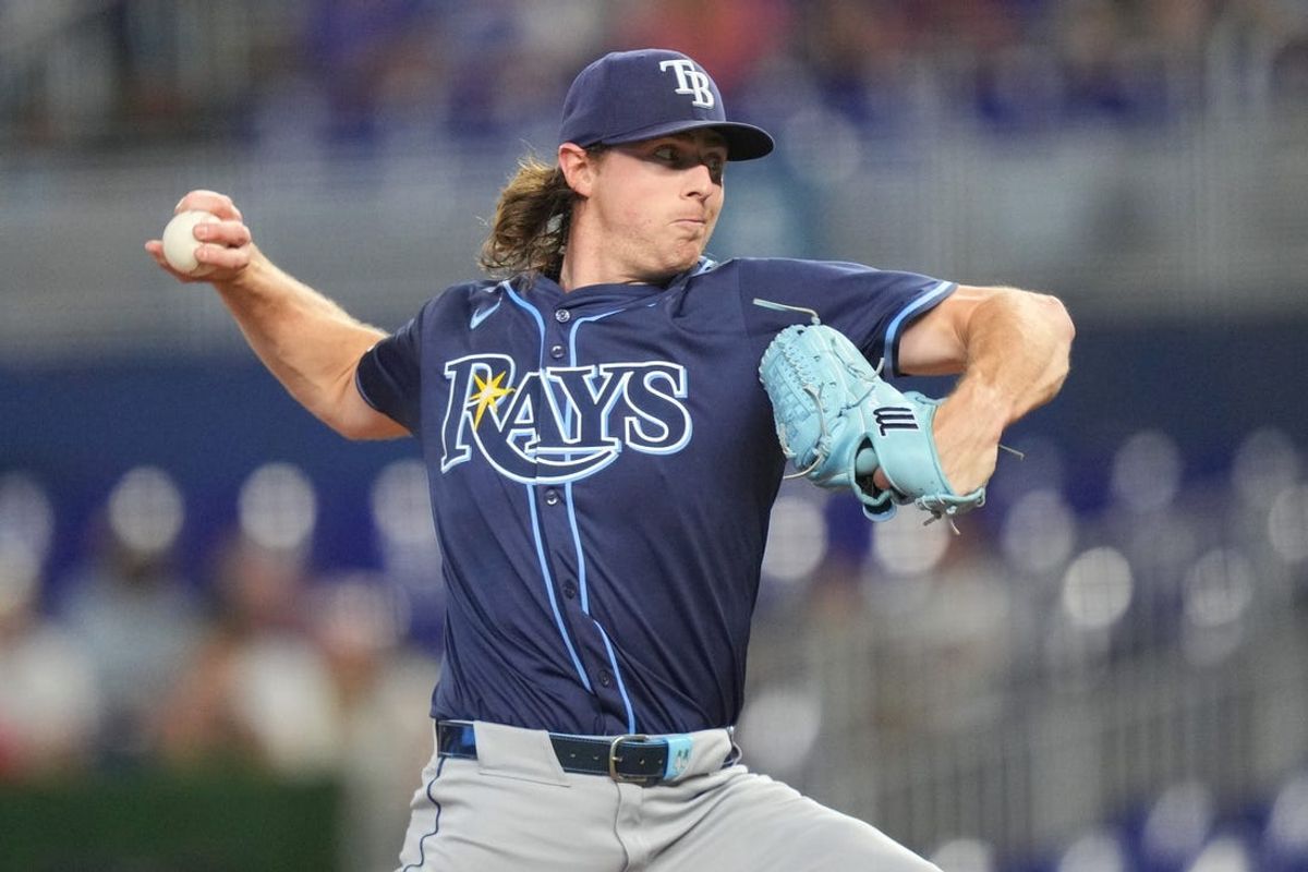 Jun 4, 2024; Miami, Florida, USA; Tampa Bay Rays starting pitcher Ryan Pepiot (44) pitches in the first inning against the Miami Marlins at loanDepot Park. Mandatory Credit: Jim Rassol-USA TODAY Sports