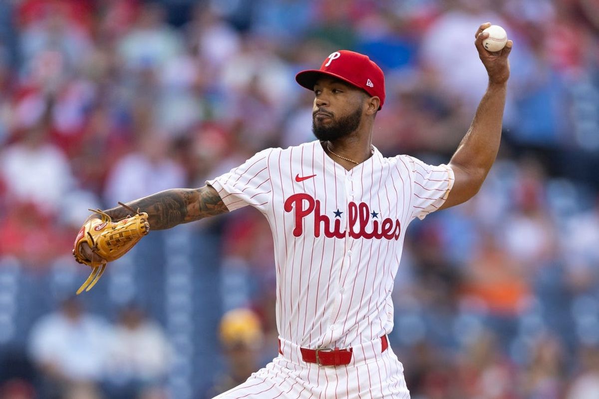 Jun 4, 2024; Philadelphia, Pennsylvania, USA; Philadelphia Phillies pitcher Cristopher Sanchez (61) throws a pitch during the first inning against the Milwaukee Brewers at Citizens Bank Park. Mandatory Credit: Bill Streicher-USA TODAY Sports