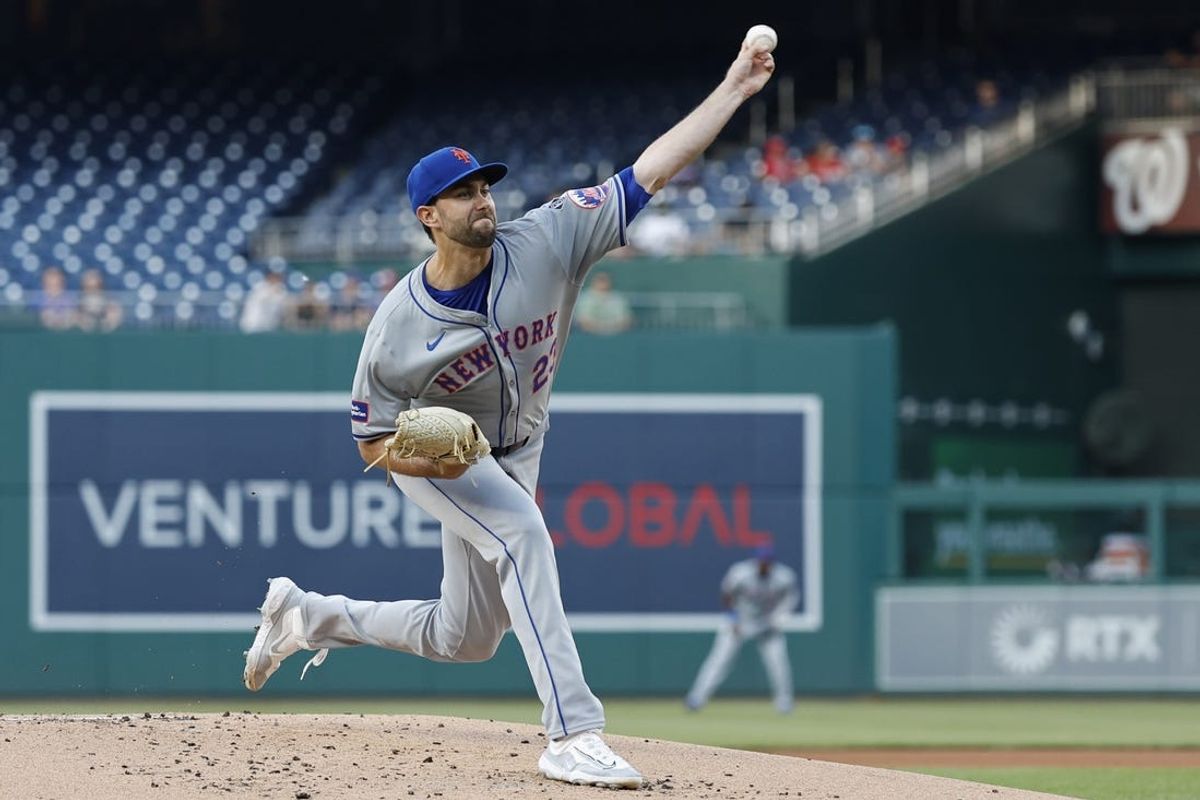 Jun 4, 2024; Washington, District of Columbia, USA; New York Mets starting pitcher David Peterson (23) pitches against the Washington Nationals during the first inning at Nationals Park. Mandatory Credit: Geoff Burke-USA TODAY Sports