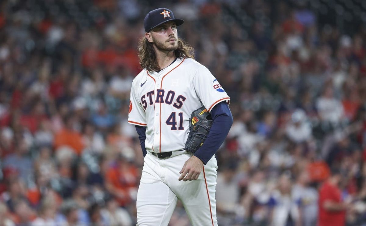 Jun 4, 2024; Houston, Texas, USA; Houston Astros starting pitcher Spencer Arrighetti (41) walks off the mound after pitching during the first inning against the St. Louis Cardinals at Minute Maid Park. Mandatory Credit: Troy Taormina-USA TODAY Sports