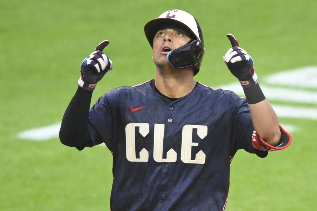 Jun 4, 2024; Cleveland, Ohio, USA; Cleveland Guardians center fielder Tyler Freeman (2) celebrates his two-run home run in the seventh inning against the Kansas City Royals at Progressive Field. Mandatory Credit: David Richard-USA TODAY Sports