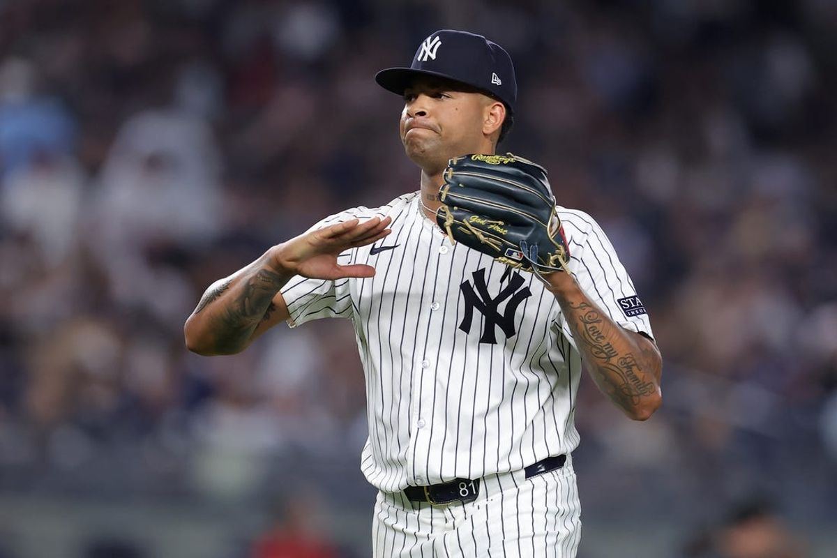Jun 4, 2024; Bronx, New York, USA; New York Yankees starting pitcher Luis Gil (81) reacts during the sixth inning against the Minnesota Twins at Yankee Stadium. Mandatory Credit: Brad Penner-USA TODAY Sports
