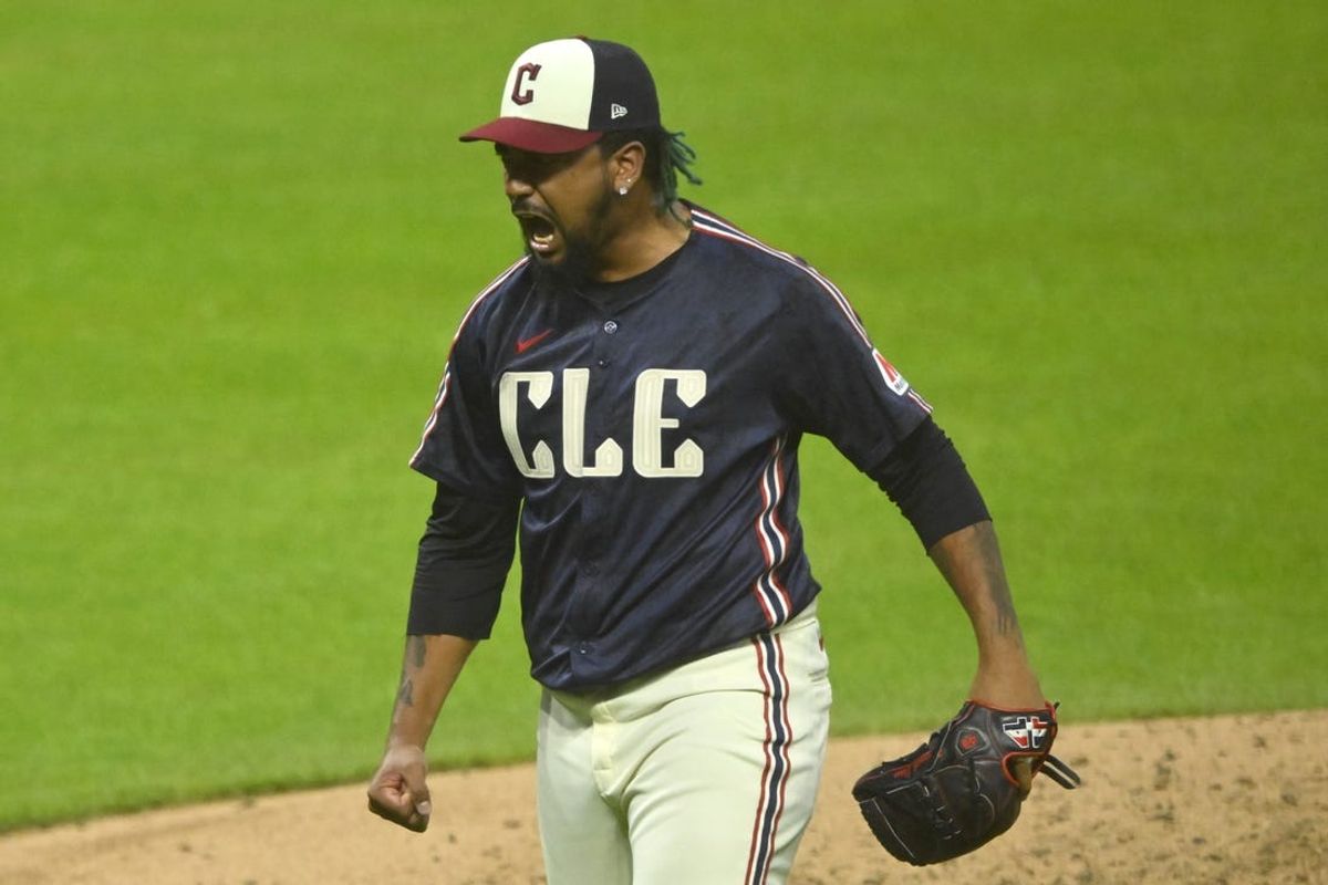 Jun 4, 2024; Cleveland, Ohio, USA; Cleveland Guardians relief pitcher Emmanuel Clase (48) reacts after a win over the Kansas City Royals at Progressive Field. Mandatory Credit: David Richard-USA TODAY Sports