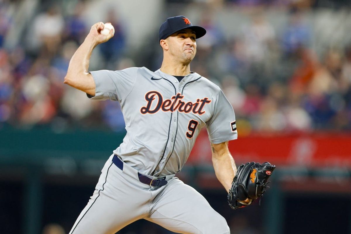 Jun 4, 2024; Arlington, Texas, USA; Detroit Tigers pitcher Jack Flaherty (9) throws during the fourth inning against the Texas Rangers at Globe Life Field. Mandatory Credit: Andrew Dieb-USA TODAY Sports