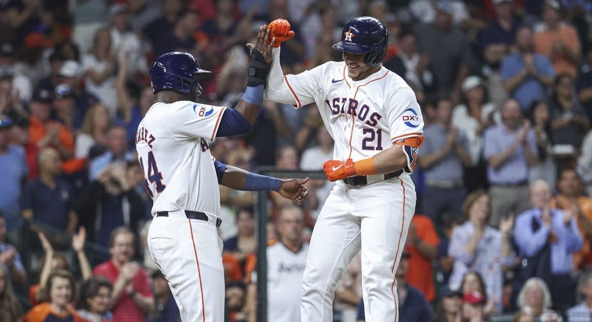 Jun 4, 2024; Houston, Texas, USA; Houston Astros designated hitter Yainer Diaz (21) celebrates with left fielder Yordan Alvarez (44) after hitting a home run during the third inning against the St. Louis Cardinals at Minute Maid Park. Mandatory Credit: Troy Taormina-USA TODAY Sports