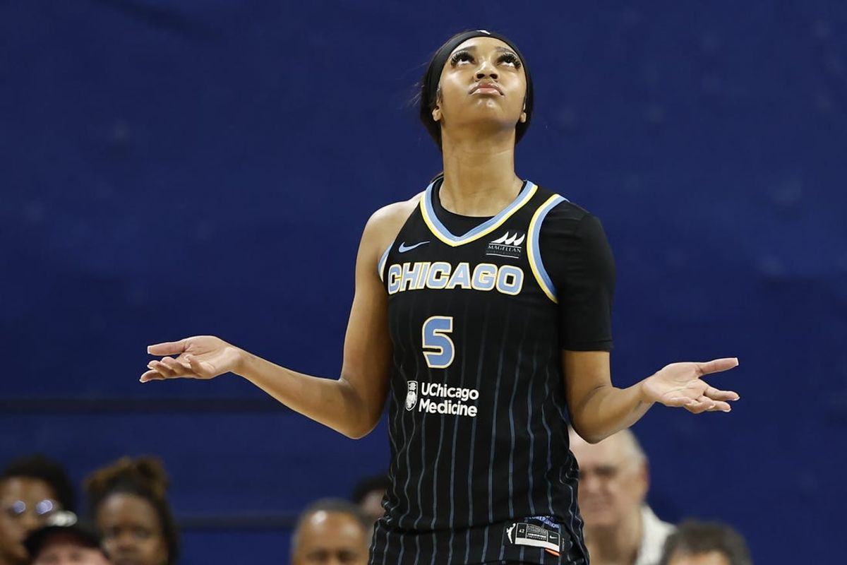 Jun 4, 2024; Chicago, Illinois, USA; Chicago Sky forward Angel Reese (5) reacts after being ejected from her team’s WNBA game against the New York Liberty during the second half at Wintrust Arena. Mandatory Credit: Kamil Krzaczynski-USA TODAY Sports