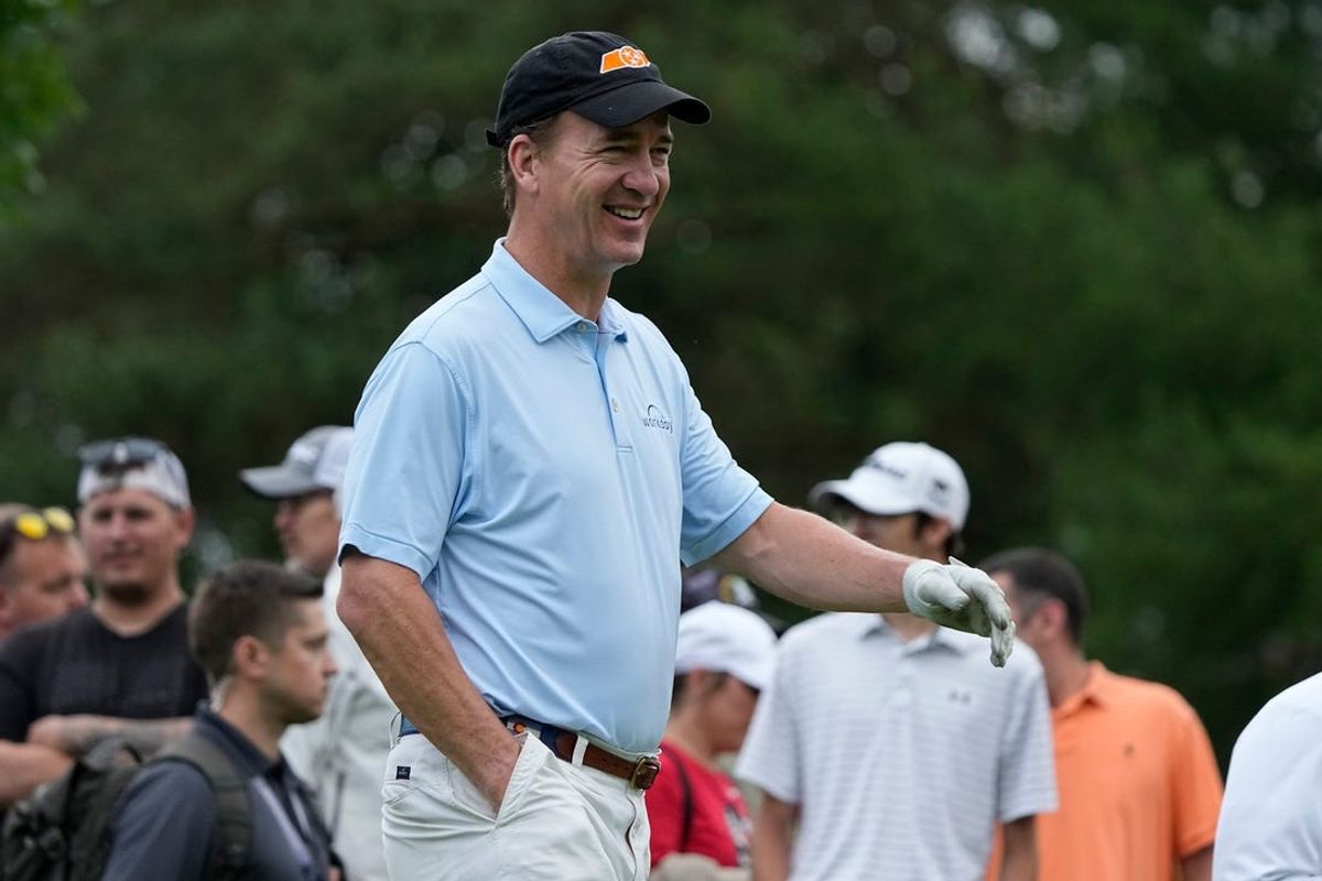 Jun 5, 2024; Columbus, Ohio, USA; Peyton Manning walks hole No. 3 during the Workday Golden Bear Pro-Am for the Memorial Tournament at Muirfield Village Golf Club.