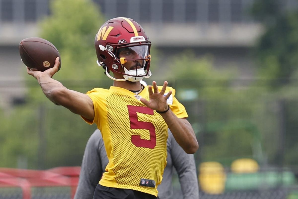 Jun 5, 2024; Ashburn, VA, USA; Washington Commanders quarterback Jayden Daniels (5) prepares to pass a ball during an OTA workout at Commanders Park. Mandatory Credit: Geoff Burke-USA TODAY Sports