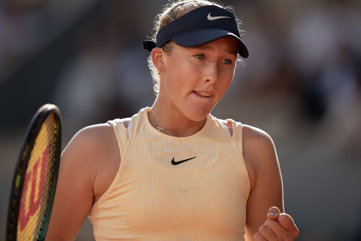 Jun 5, 2024; Paris, France; Mirra Andreeva reacts to a point during her match against Aryna Sabalenka on day 11 of Roland Garros at Stade Roland Garros. Mandatory Credit: Susan Mullane-Imagn Images
