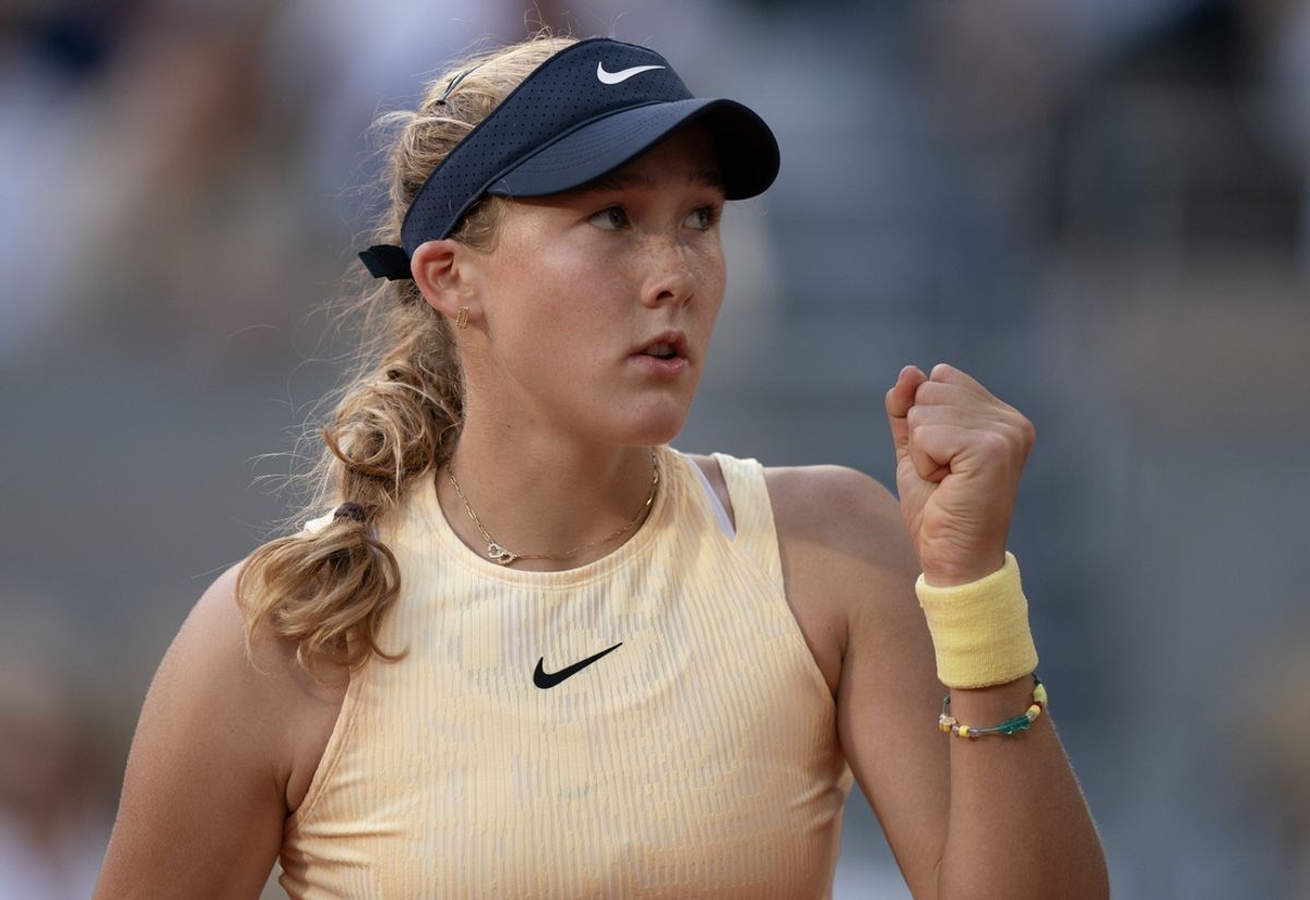 Jun 5, 2024; Paris, France; Mirra Andreeva reacts to a point during her match against Aryna Sabalenka on day 11 of Roland Garros at Stade Roland Garros. Mandatory Credit: Susan Mullane-Imagn Images