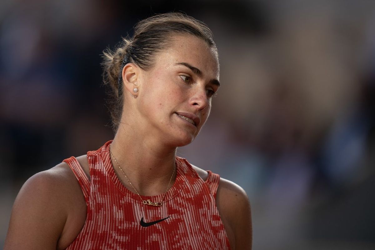 Jun 5, 2024; Paris, France; Aryna Sabalenka during her match against Mirra Andreeva on day 11 of Roland Garros at Stade Roland Garros. Mandatory Credit: Susan Mullane-USA TODAY Sports