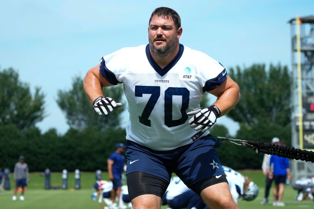 Jun 5, 2024; Frisco, TX, USA;  Dallas Cowboys tackle Zack Martin (70) warms up during practice at the Ford Center at the Star Training Facility in Frisco, Texas. Mandatory Credit: Chris Jones-Imagn Images