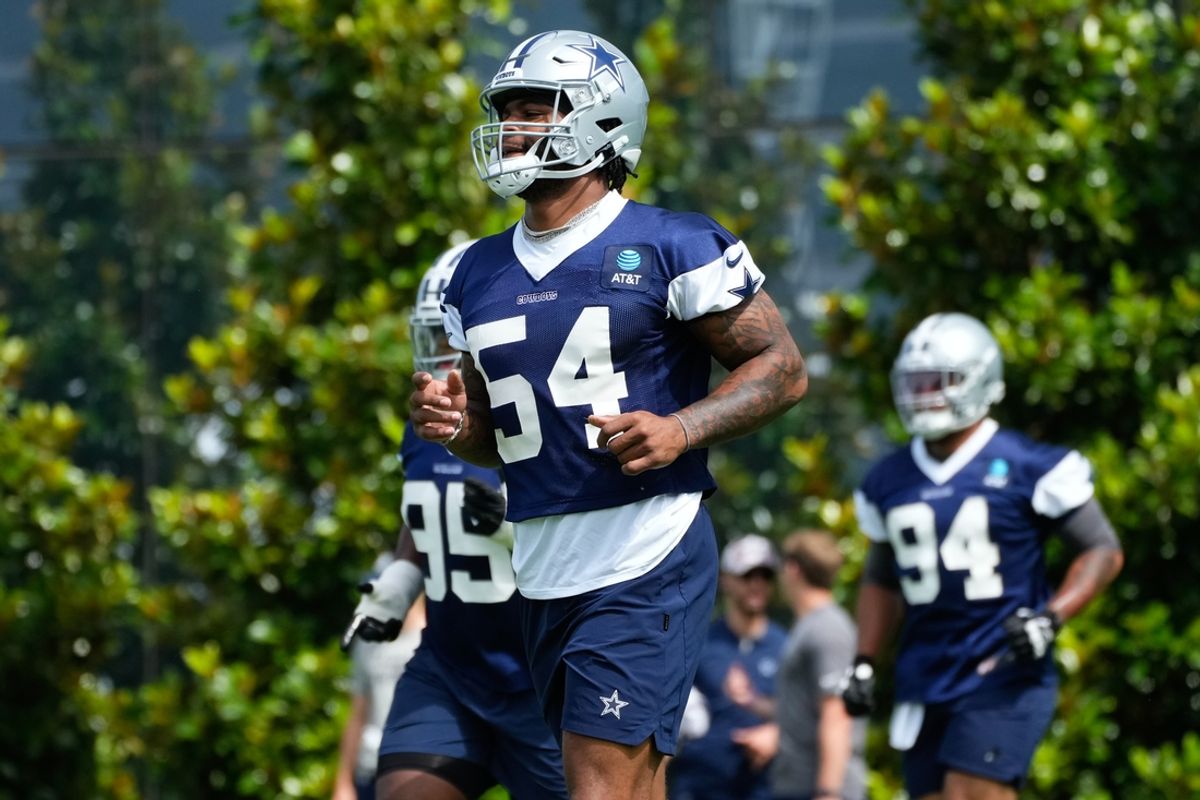 Jun 5, 2024; Frisco, TX, USA;  Dallas Cowboys defensive end Sam Williams (54) goes through a drill during practice at the Ford Center at the Star Training Facility in Frisco, Texas. Mandatory Credit: Chris Jones-USA TODAY Sports