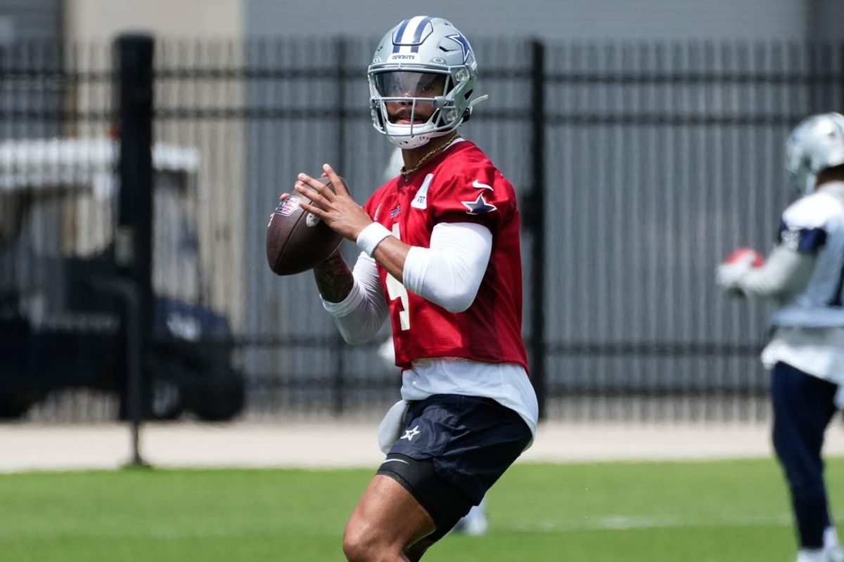 Jun 5, 2024; Frisco, TX, USA;  Dallas Cowboys quarterback Dak Prescott (4) goes through a drill during practice at the Ford Center at the Star Training Facility in Frisco, Texas. Mandatory Credit: Chris Jones-USA TODAY Sports