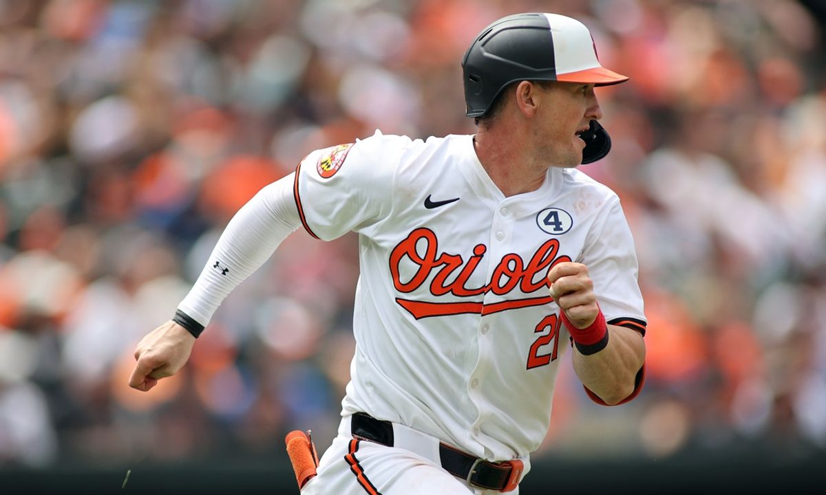 Jun 2, 2024; Baltimore, Maryland, USA; Baltimore Orioles outfielder Austin Hays (21) runs toward first base during the fifth inning against the Tampa Bay Rays at Oriole Park at Camden Yards. Mandatory Credit: Daniel Kucin Jr.-USA TODAY Sports