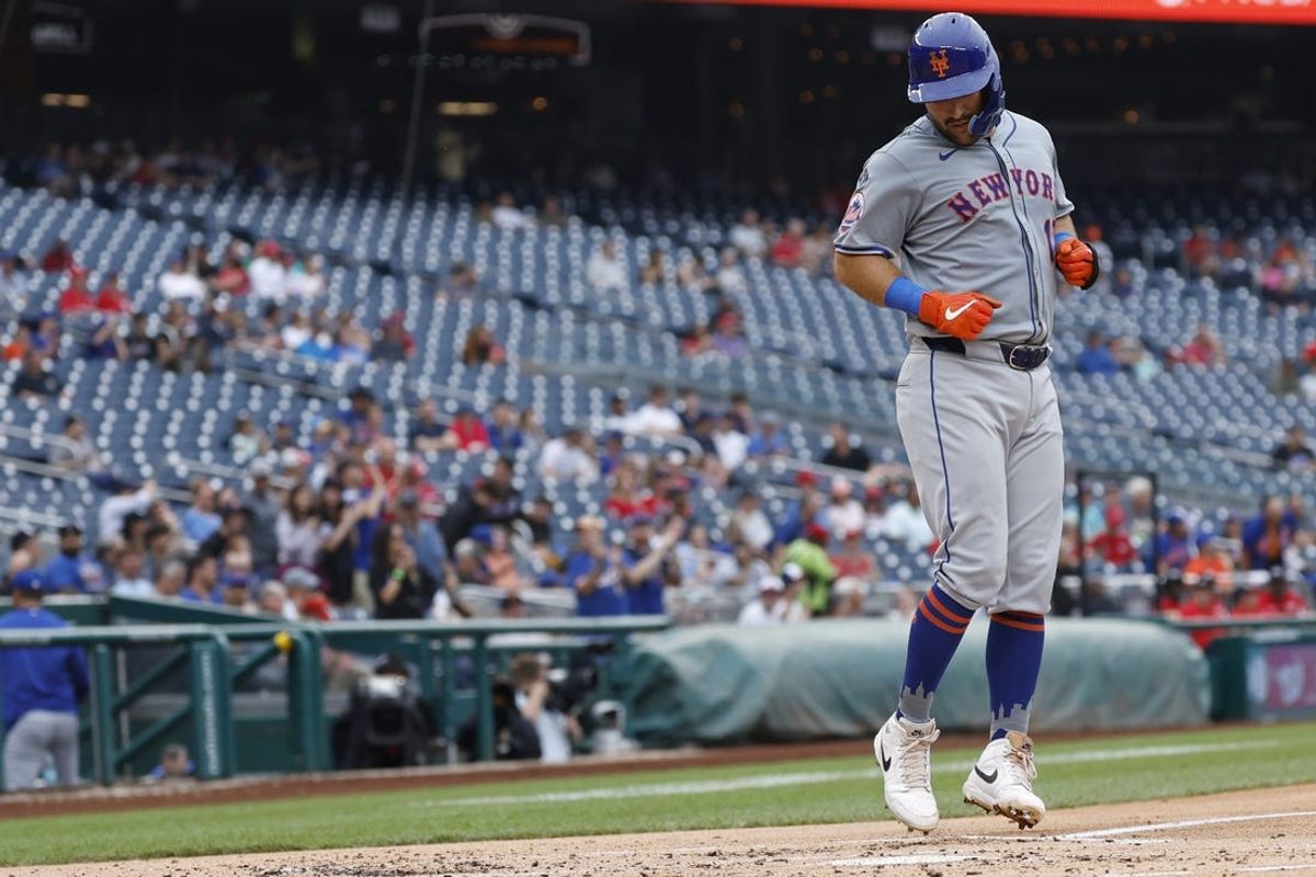 Jun 5, 2024; Washington, District of Columbia, USA; New York Mets catcher Luis Torrens (13) celebrates while crossing home plate after hitting a solo home run against the Washington Nationals during the third inning at Nationals Park. Mandatory Credit: Geoff Burke-USA TODAY Sports