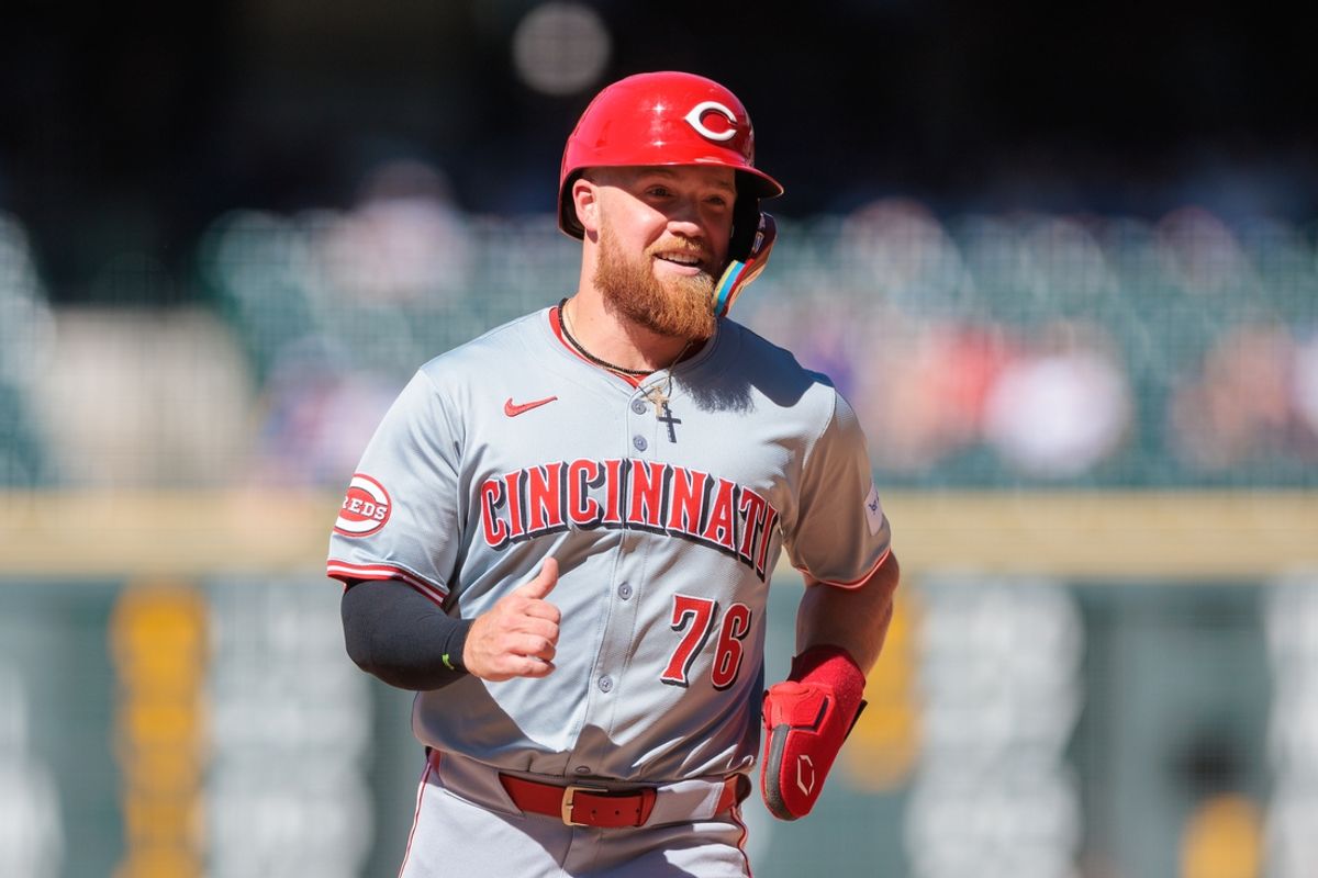 Jun 5, 2024; Denver, Colorado, USA; Cincinnati Reds outfielder Blake Dunn (76) runs the bases during the ninth inning against the Colorado Rockies at Coors Field. Mandatory Credit: Andrew Wevers-Imagn Images