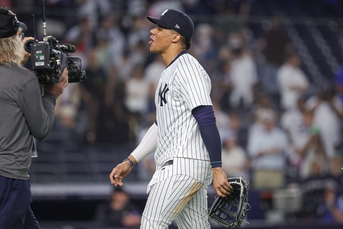 Jun 5, 2024; Bronx, New York, USA; New York Yankees right fielder Juan Soto (22) reacts after the game against the Minnesota Twins at Yankee Stadium. Mandatory Credit: Vincent Carchietta-USA TODAY Sports