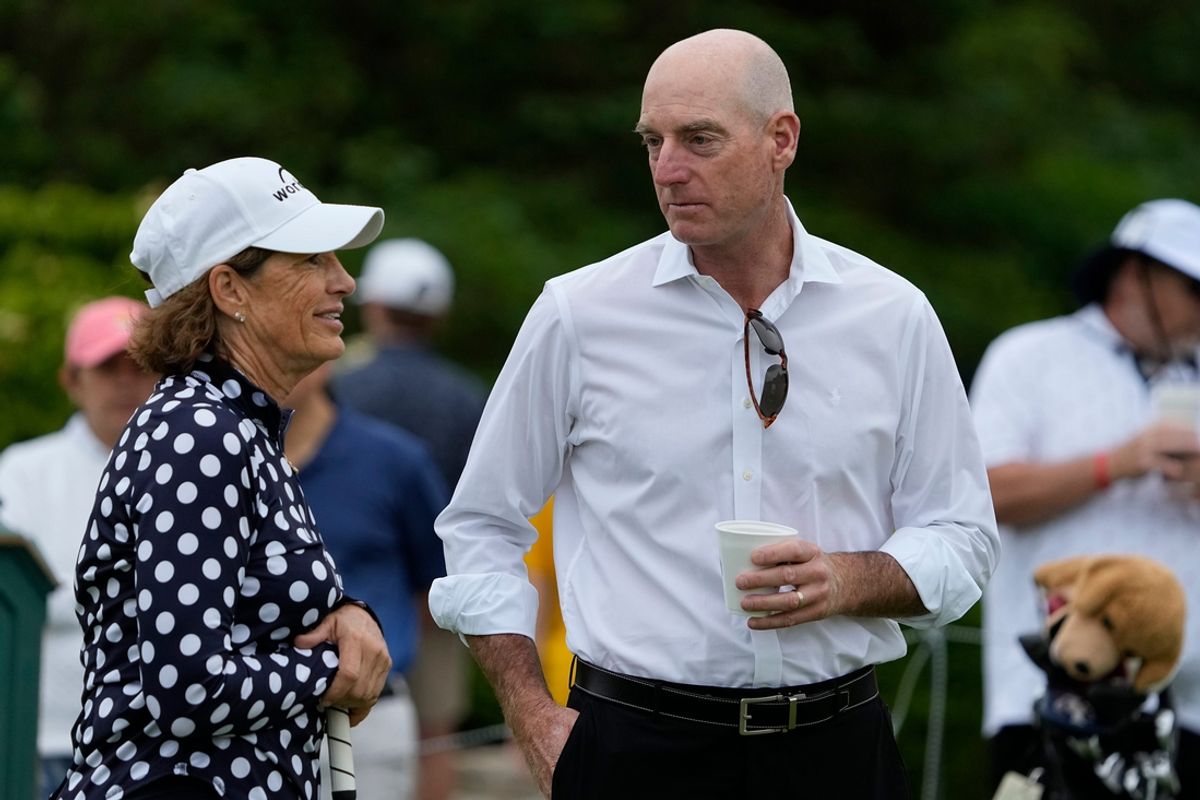 Jun 5, 2024; Columbus, Ohio, USA; Jim Furyk talks to Juli Inkster during the Workday Golden Bear Pro-Am for the Memorial Tournament at Muirfield Village Golf Club.