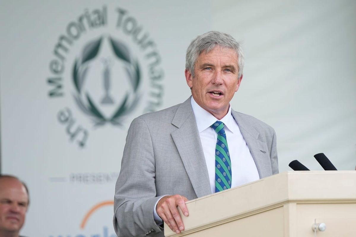 Jun 5, 2024; Columbus, Ohio, USA; PGA Commissioner Jay Monahan speaks during the Honoree Ceremony for the Memorial Tournament at Muirfield Village Golf Club.