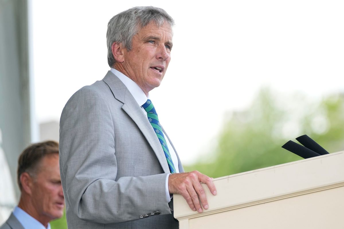 Jun 5, 2024; Columbus, Ohio, USA; PGA Commissioner Jay Monahan speaks during the Honoree Ceremony for the Memorial Tournament at Muirfield Village Golf Club.
