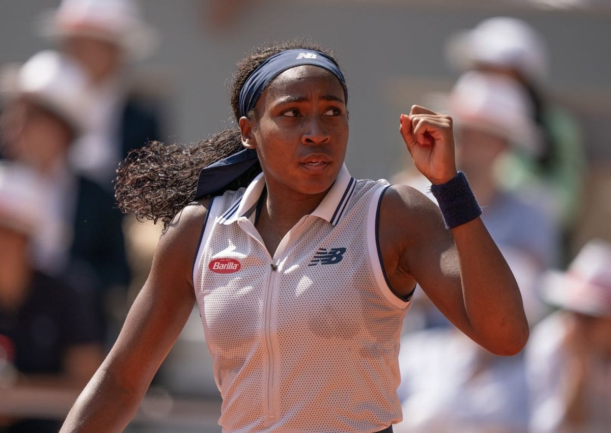 Jun 6, 2024; Paris, France; Coco Gauff of the United States reacts to a point during her match against Iga Swiatek of Poland on day 12 of Roland Garros at Stade Roland Garros. Mandatory Credit: Susan Mullane-Imagn Images